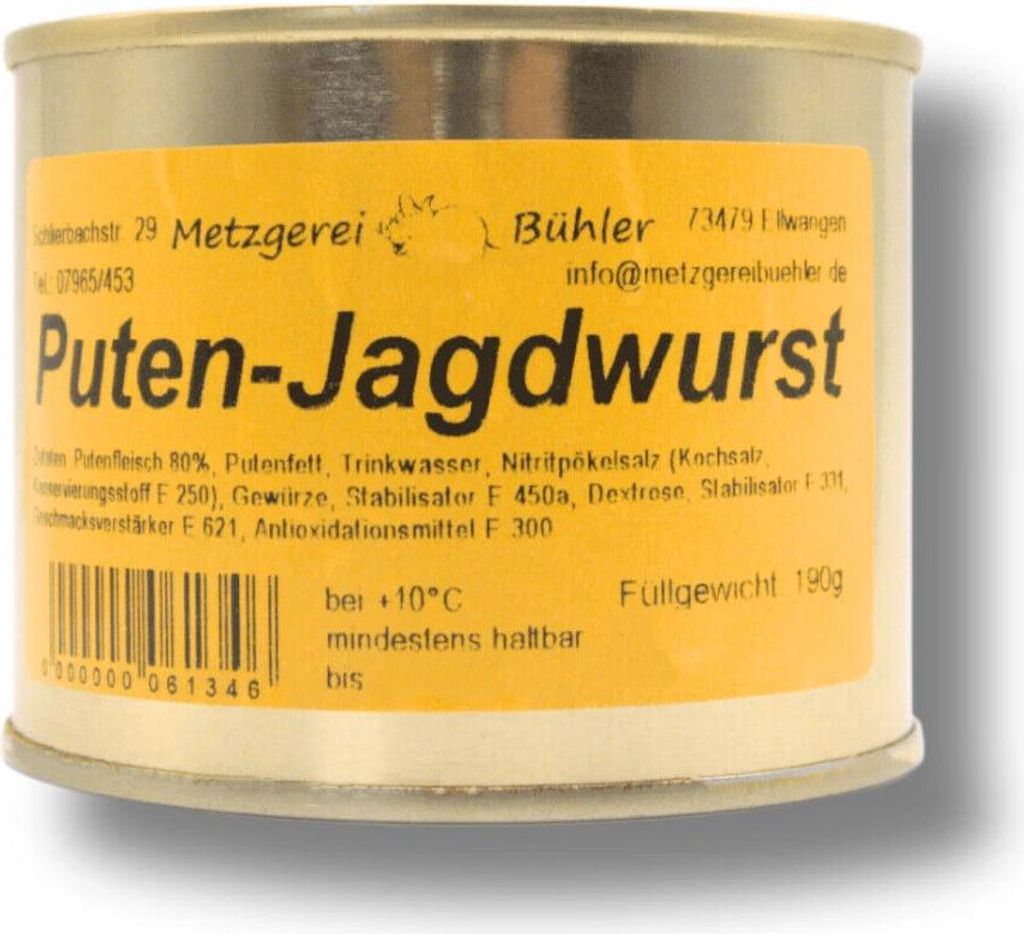 Puten Jagdwurst 190g Dosenwurst Wurstkonserve Metzgerei Bühler Putenfleisch lange haltbares Fleisch vom Truthan Konserve