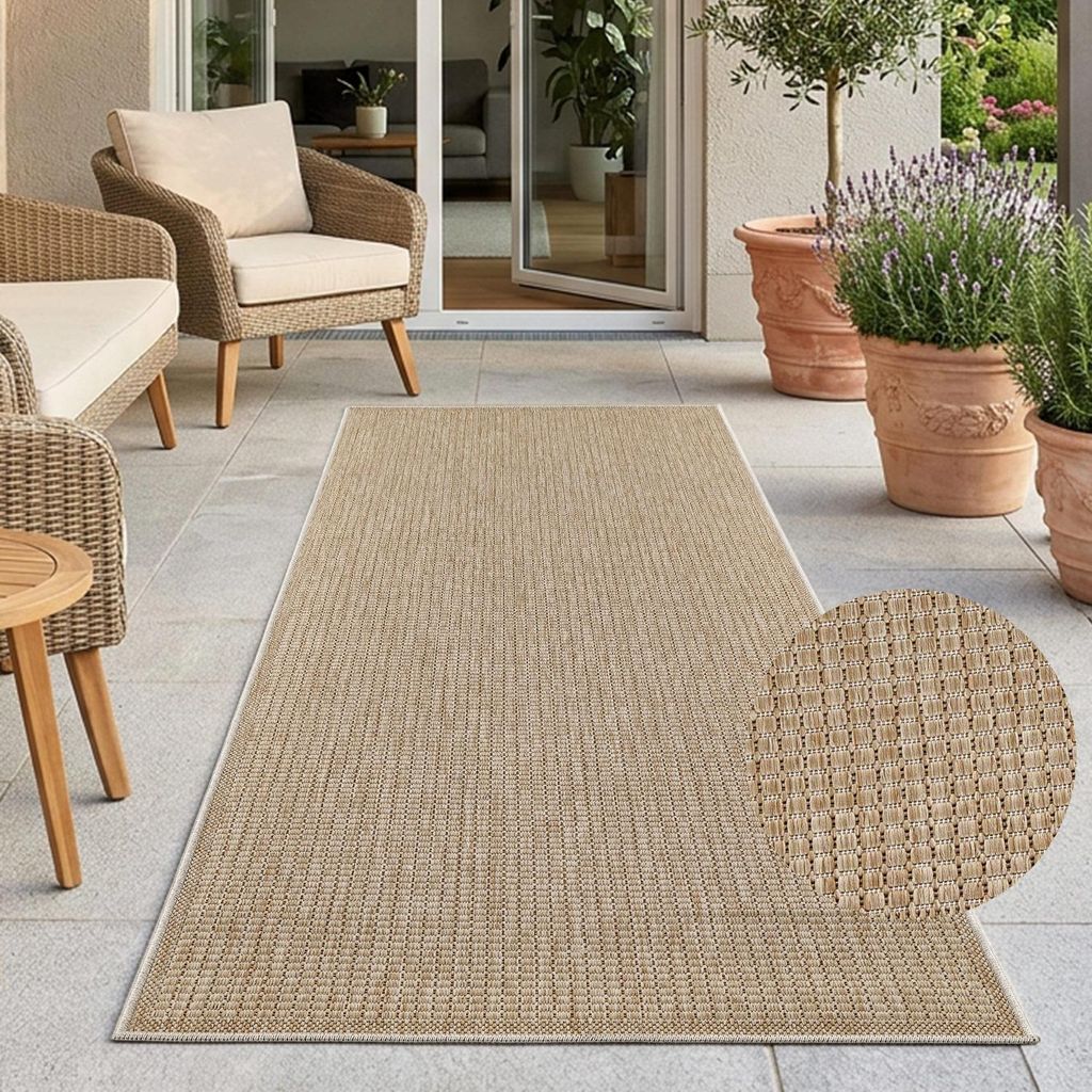 Outdoor Teppich Wetterfest Balkon Terrasse Braun 80x250 cm - Modernes Streifen-Muster, Flachgewebe