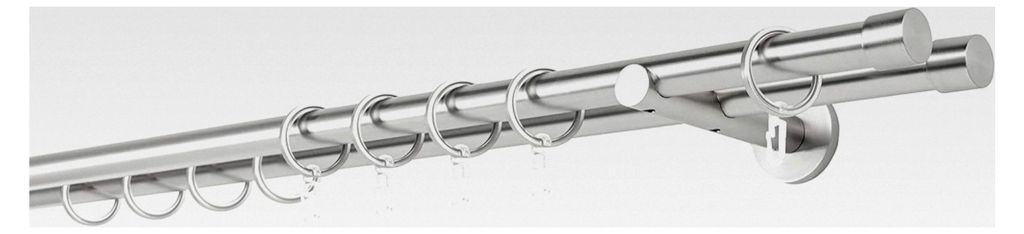 Gardinenstange nach Maß 20mm Cap 2-lauf Vorhangstange Wandträger 12cm Stilgarnitur mit Ringen für Vorhänge Edelstahl-Optik 180cm