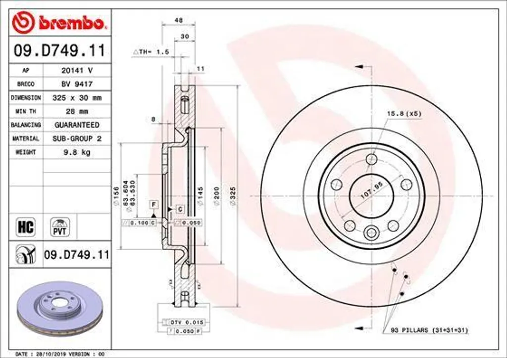 Brembo 09.D749.11 Disque de Frein OE LR125902 pour Range Rover Velar