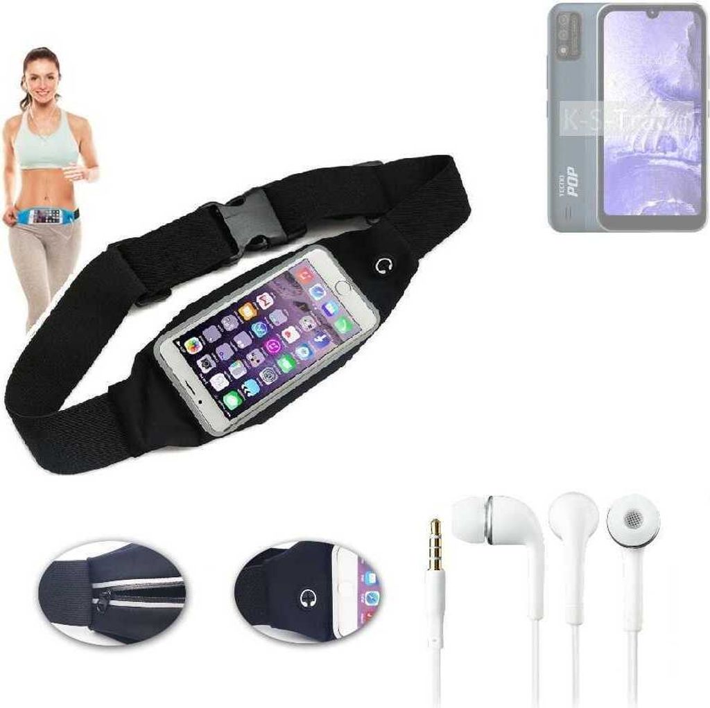 K-S-Trade Bauchtasche Gürteltasche kompatibel mit Tecno Pop 5S schwarz + Kopfhörer. Sport Running Jogging Fitness Laufen Umhängetasche Exercise