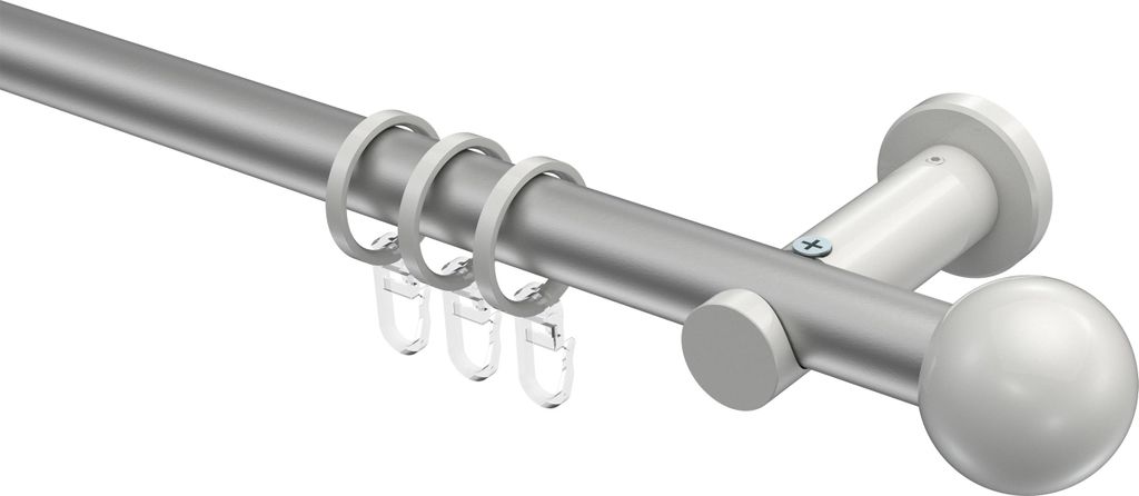Interdeco Gardinenstange / Vorhangstange Silbergrau / Weiß, Typ Platon Luino (Kugel), 20 mm Ø 1-läufig, 120 cm