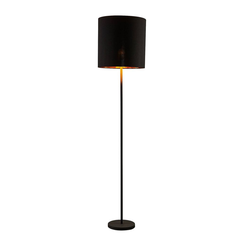 Lindby Stehleuchte Nymar, schwarz-gold, Stoff, 179 cm, E27