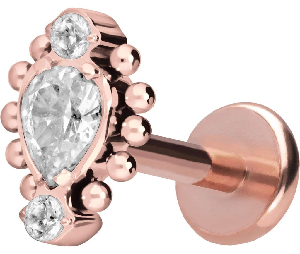 Ohrpiercing, Nasenpiercing Titan Labret mit Push Fit 3 EINGEFASSTE KRISTALLE + KUGELN RoséGold Stablänge: 9mm | Stabstärke: 1mm