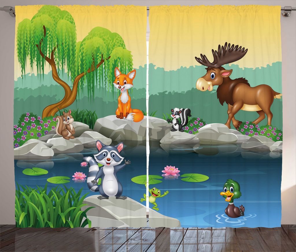 ABAKUHAUS Karikatur Rustikaler Gardine, Lustige Maskottchen Tiere, Schlafzimmer Kräuselband Vorhang mit Schlaufen und Haken, 280 x 245 cm, Mehrfarbig