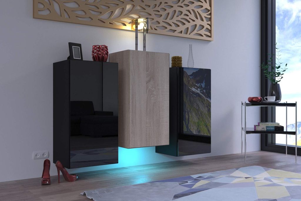 Furnitech K8 Modernes Wohnzimmer, Kommode, Schrank, Sideboard, Schlafzimmer, Esszimmer, Wohnzimmermöbel (LED blau, K8-18HGM-BS5)