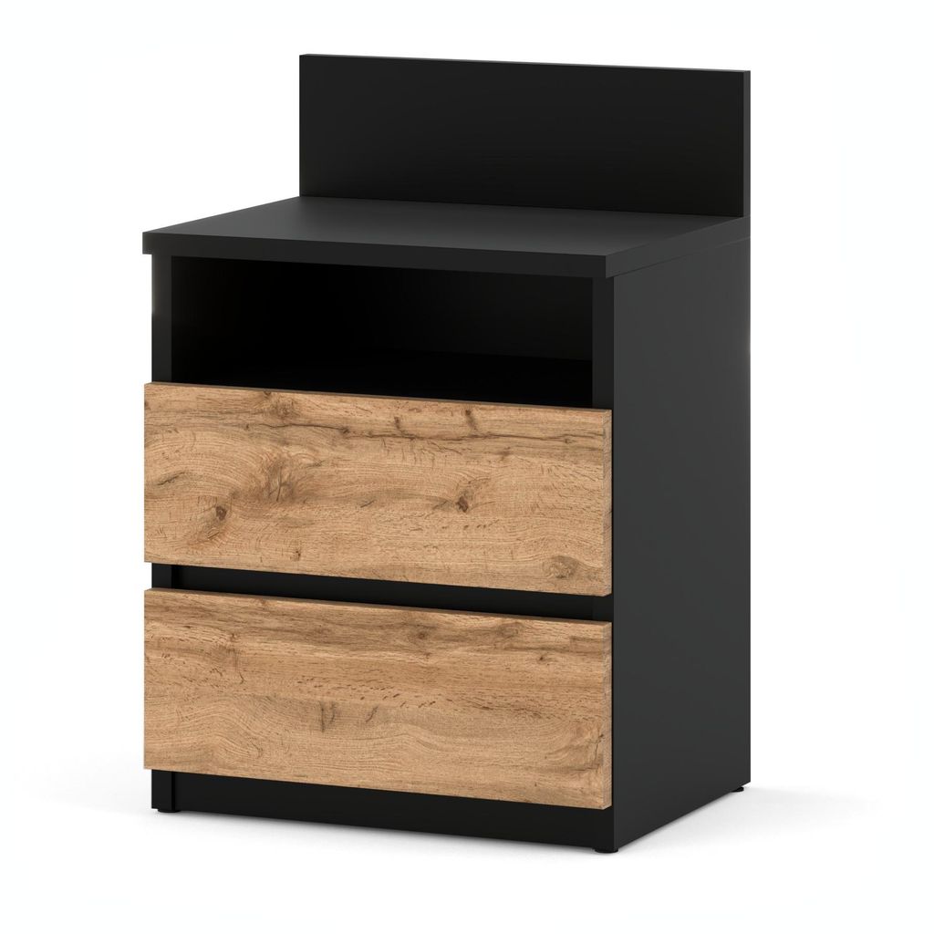 STIV Möbel | Nachttisch Schwarz Matt/Eiche Wotan 40x59 cm | 2 Schubladen & 1 Fach | Nachtkommode modern Schlafzimmer
