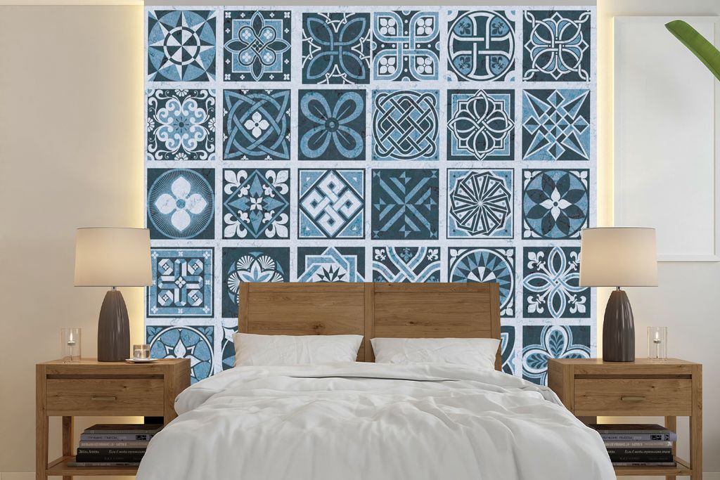 MuchoWow Fototapete für Wohnzimmer oder Schlafzimmer Wandtapete Vinyl Motivtapete Blumen - Blau - Muster - Figuren - 350x350 cm - Schlafzimmerta...