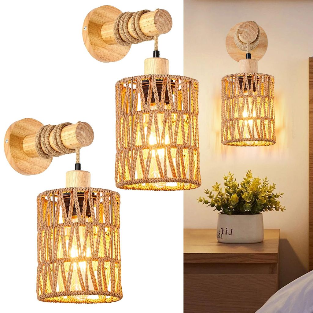 2 Stück Wandleuchte E27 Vintage Boho Wandlampe Rattan Lampenschirm Pendelleuchte mit LED Glühbirnen