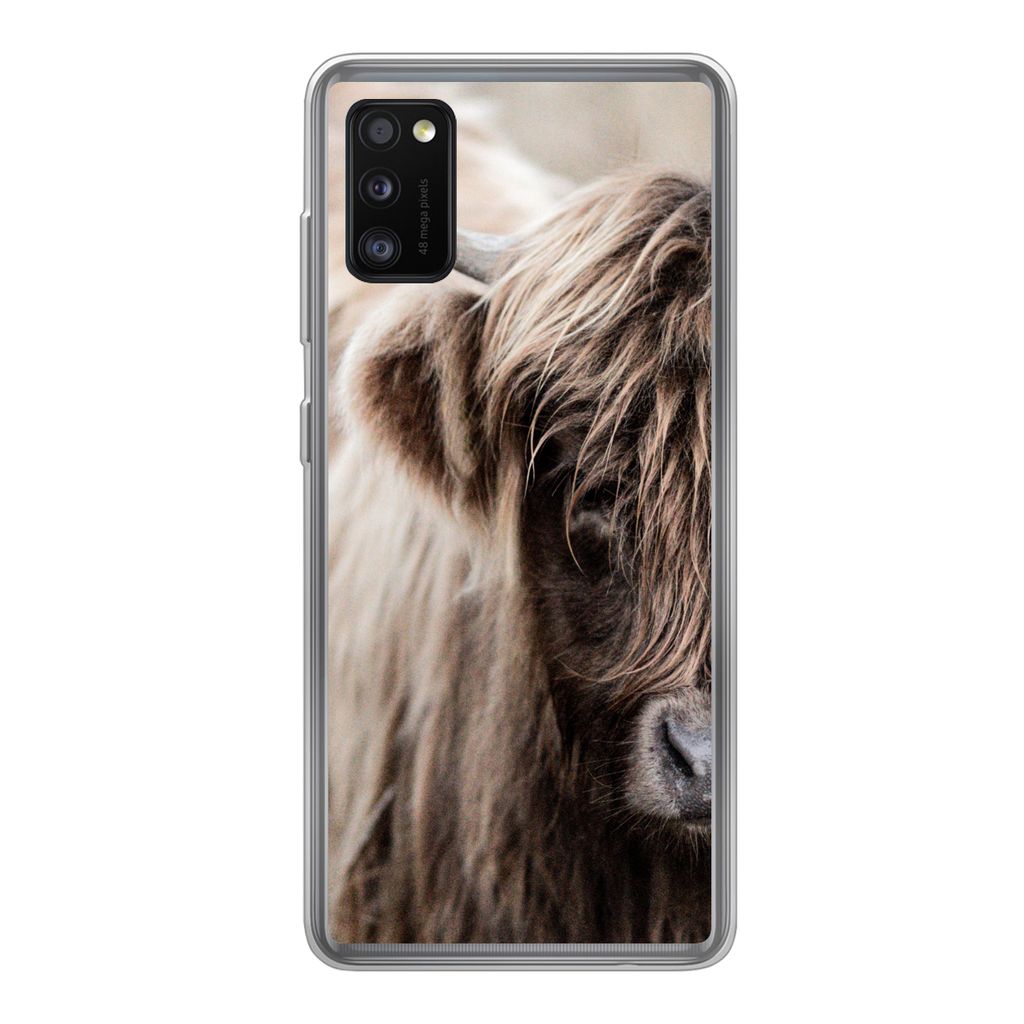 MuchoWow Handyhülle Schutzhülle Hülle für Samsung Galaxy A41 Schottischer Highlander - Kuh - Vlies Silikon Softcase Handy Hülle - Mobiltelefon