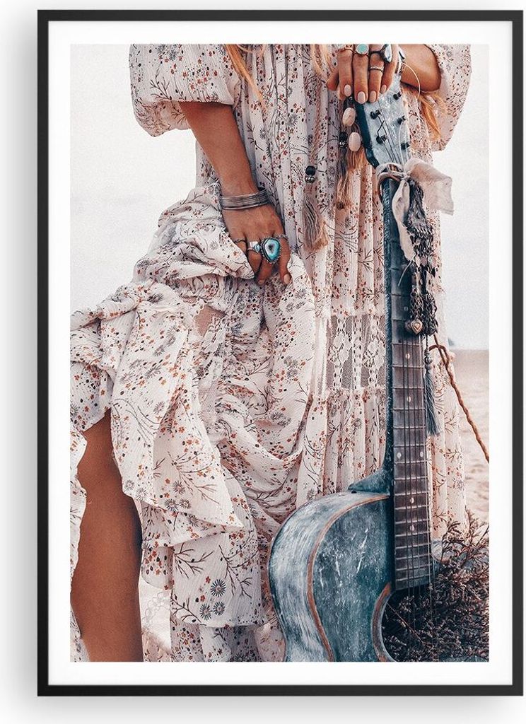 Gerahmtes Poster - Schwarzer Rahmen - Frau Kleid Gitarre - 70x100 cm - Wand Bild - Wanddeko - Wandbilder - Kunstposter - Wandposter - Bilderrahmen ...
