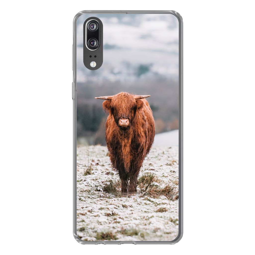 MuchoWow Handyhülle Schutzhülle Hülle für Huawei P20 Schottischer Highlander - Schnee - Berg Silikon Softcase Handy Hülle - Hardcover