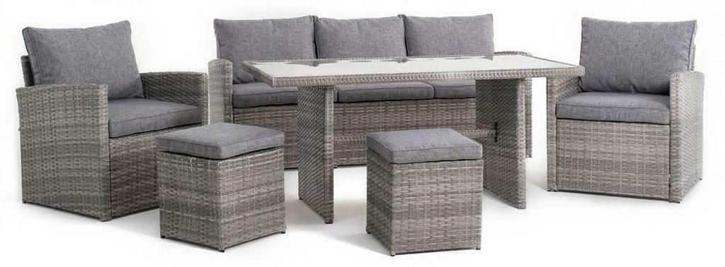 Garten-Relaxset aus Polyrattan mit Sofa, Sesseln, Poufs und Glastisch, Elegant und Komfortabel, für Garten, Terrasse und Balkon – CATANIA