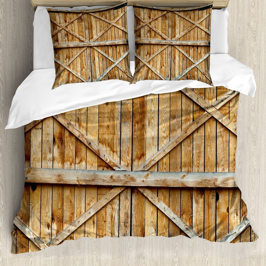 ABAKUHAUS Rustikal Bettbezugs Set Für Doppelbetten, Holztür Land Architektur, Milbensicher Allergiker geeignet mit Kissenbezügen, Mehrfarbig