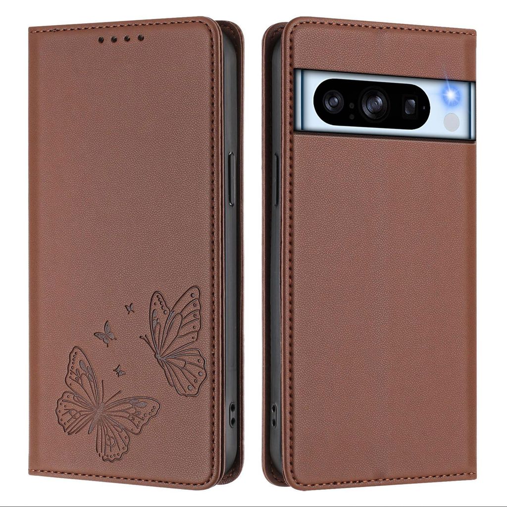 Lederhülle für Google Pixel 8 Pro, Schmetterling Prägung Leder Brieftasche Schutzhülle mit Ständer Braun