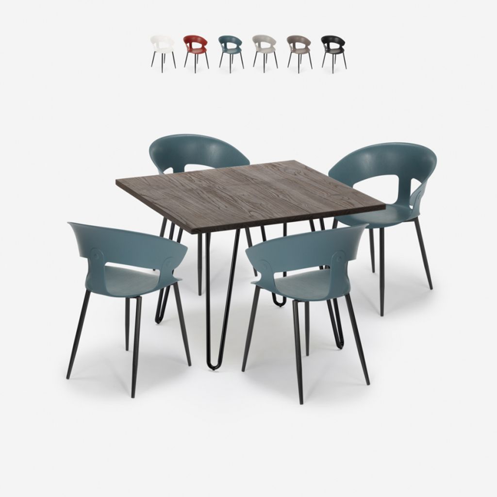 Set 4 Stühle und Tisch 80x80cm industrielles modernes Design Restaurant Küche Maeve Dark - Blau