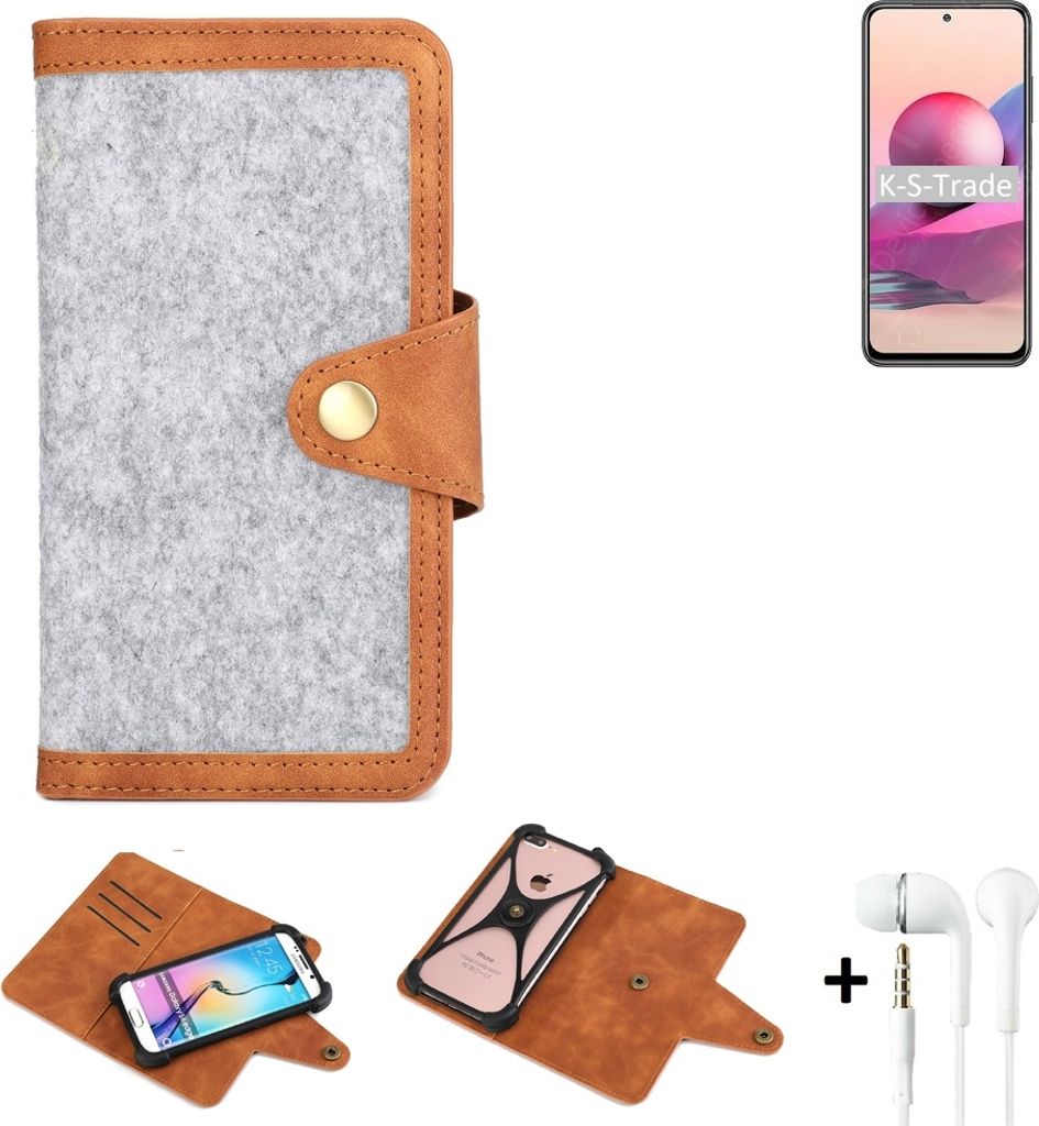 K-S-Trade Handyhülle + Kopfhörer kompatibel mit Xiaomi Redmi Note 10S Schutzhülle Filz Hülle Kunstleder hellgrau braun (1x)