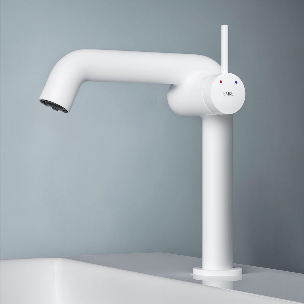 A white faucet is shown on a white sink against a light blue background.