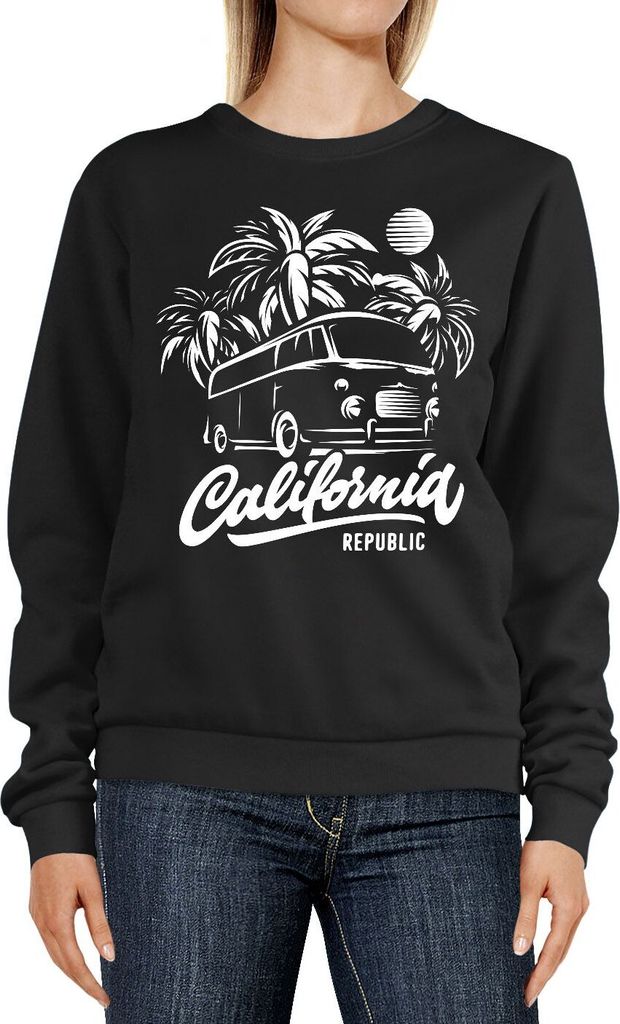 Sweatshirt Damen California Schriftzug Surf Bus Palmen Abenteuer Urlaub Rundhals-Pullover Pulli Sweater Neverless schwarz S