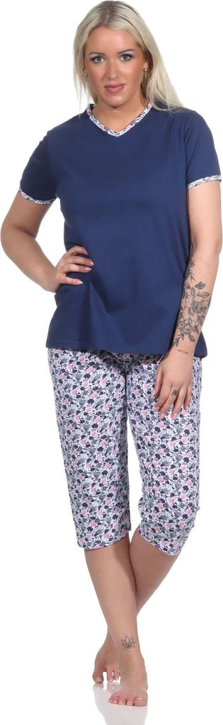 Floraler Damen Capri Pyjama, kurzer Schlafanzug mit 3/4 Caprihose - 12320410152 ; marine , 40-42