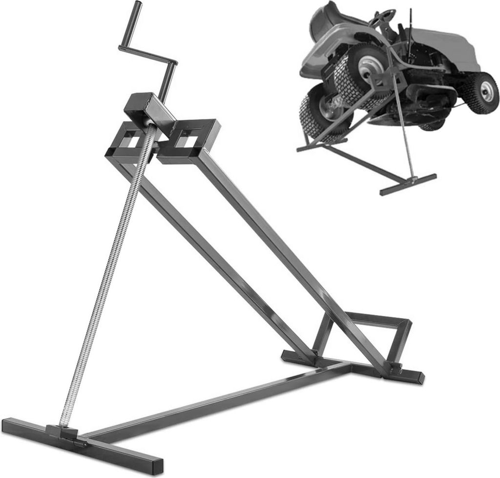 A black metal lawn tractor lift is shown on a white background. A lawn tractor is shown lifted on the right side of the image.