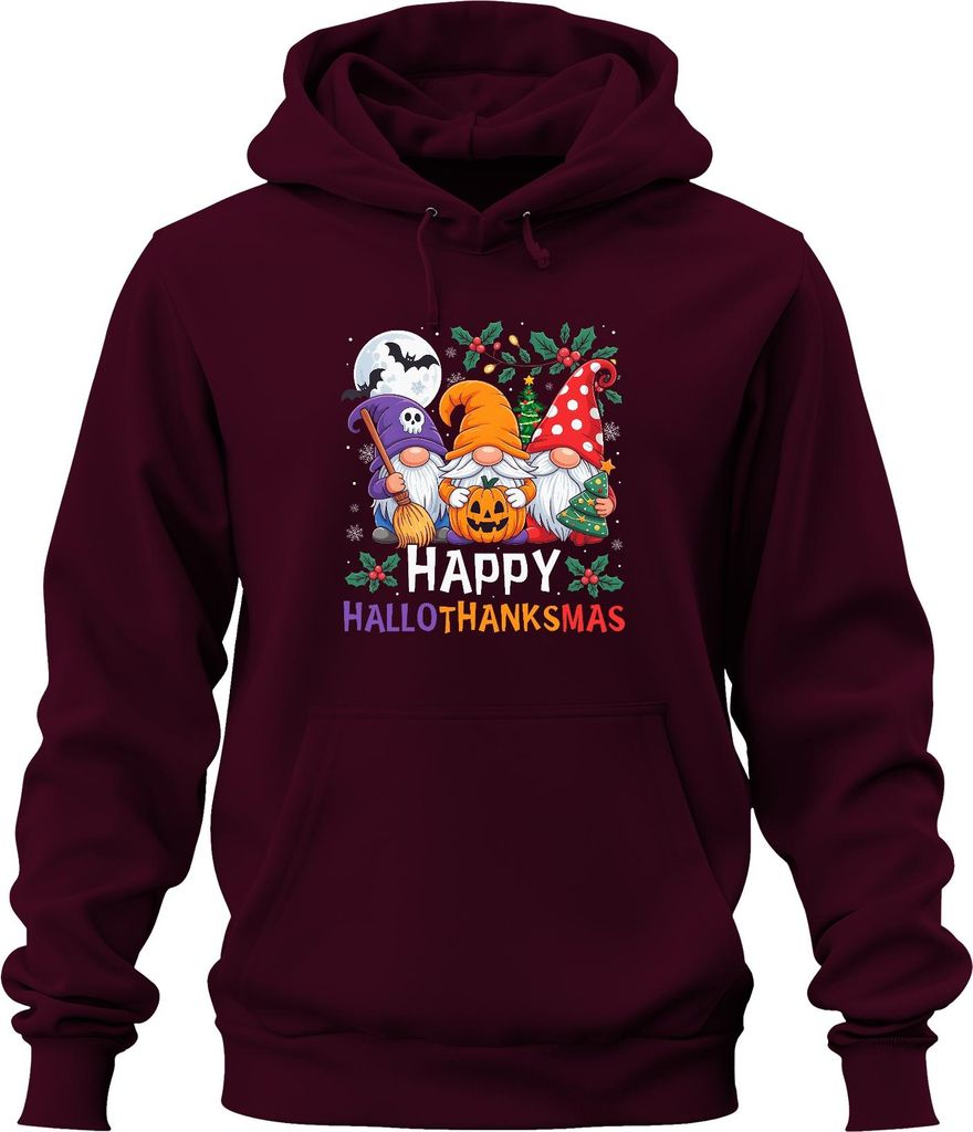 Gnome Happy HalloThanksMas Halloween Kürbis Weihnachten Geschenk Uni Hoodie Kapuzenpullover, Burgundy, XXL