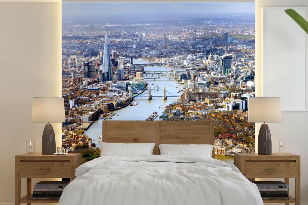 MuchoWow Fototapete für Wohnzimmer oder Schlafzimmer Wandtapete Vinyl Motivtapete London - England - Themse - 300x300 cm - Wanddekoration