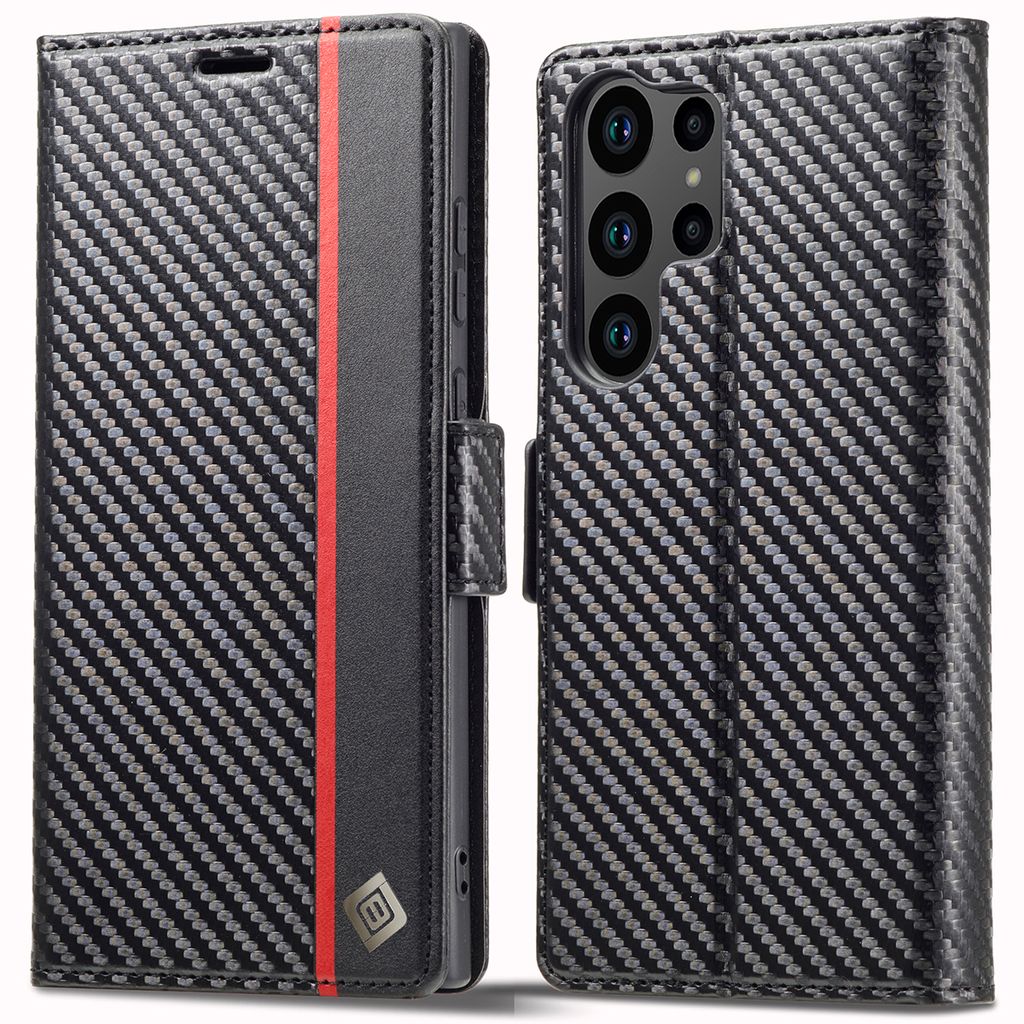 Hülle für Samsung Galaxy S23 Ultra Kohlefaser Leder Brieftasche Schutzhülle mit Standfunktion Schwarz Vertikale Rot