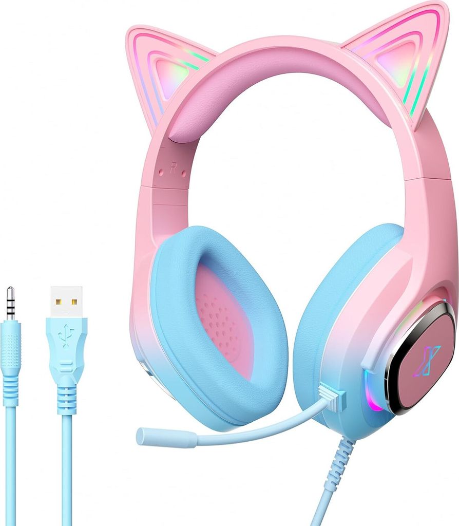 Gaming Headset kompatibel mit PS4, PS5, Xbox, PC, MAC, Switch, Pink Blue Wired mit 360°-Rotationsmikrofon, Surround-Sound, weichen Ohrpolstern