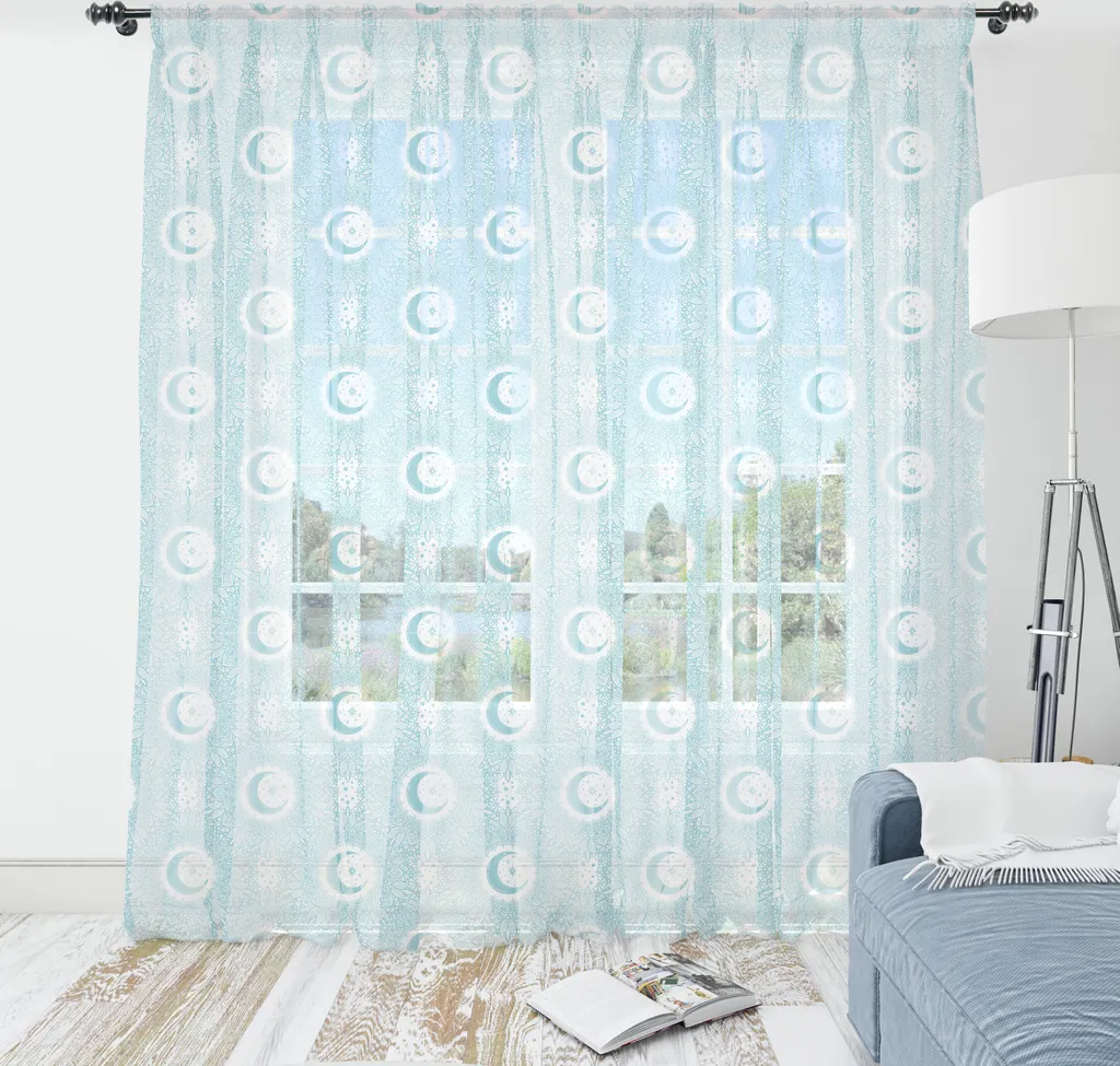 ABAKUHAUS Arazzo orientale, illustrazione bohémien monocromatica con dettagli floreali e luna crescente, tessuto satinato setoso per soggiorno e camera da letto, 220 cm x 274 cm, blu grigio bianco grigio