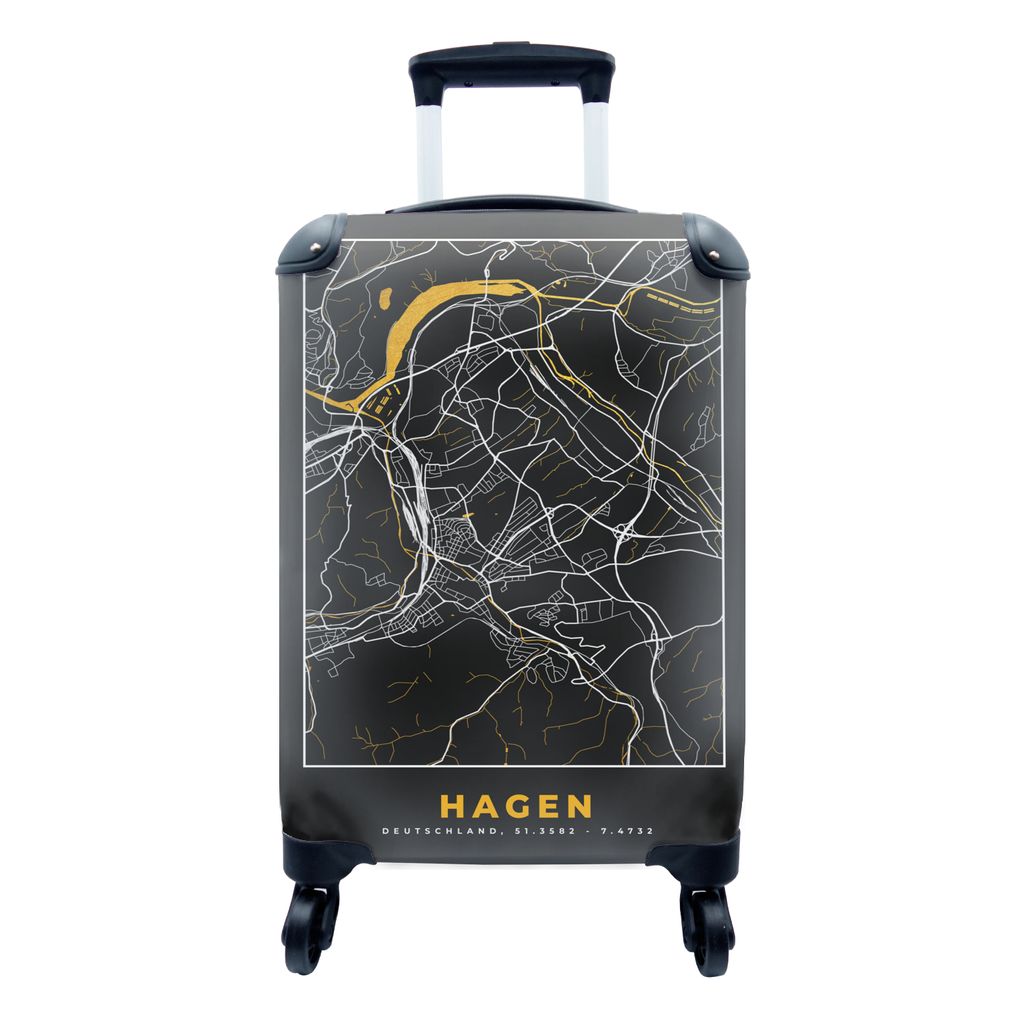 MuchoWow Koffer Handgepäck Trolley Rollkoffer Kleine Reisekoffer mit 4 Rollen - Hagen - Deutschland - Karte - Gold - Stadtplan - Cabin Size < 55...