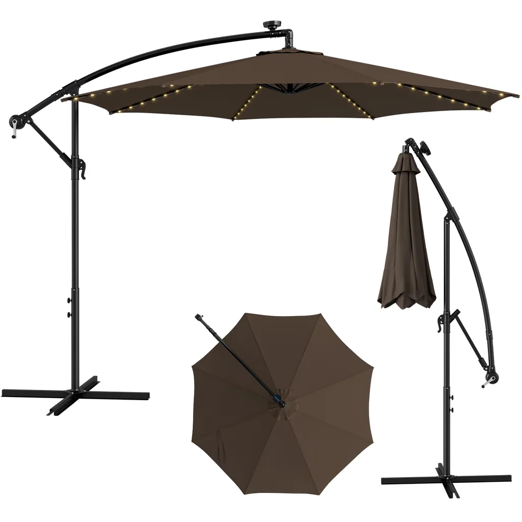 Parasol de Jardin LED Ø3m Parasol de Marché Inclinable avec Pied en Croix