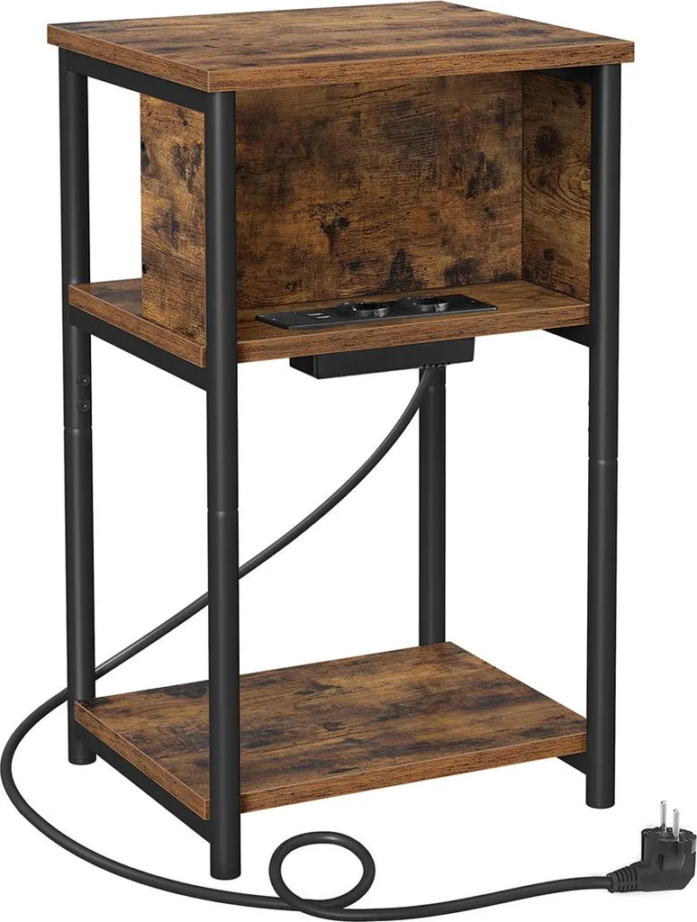 Table de chevet bois et métal avec multiprise intégrée - Design Industriel