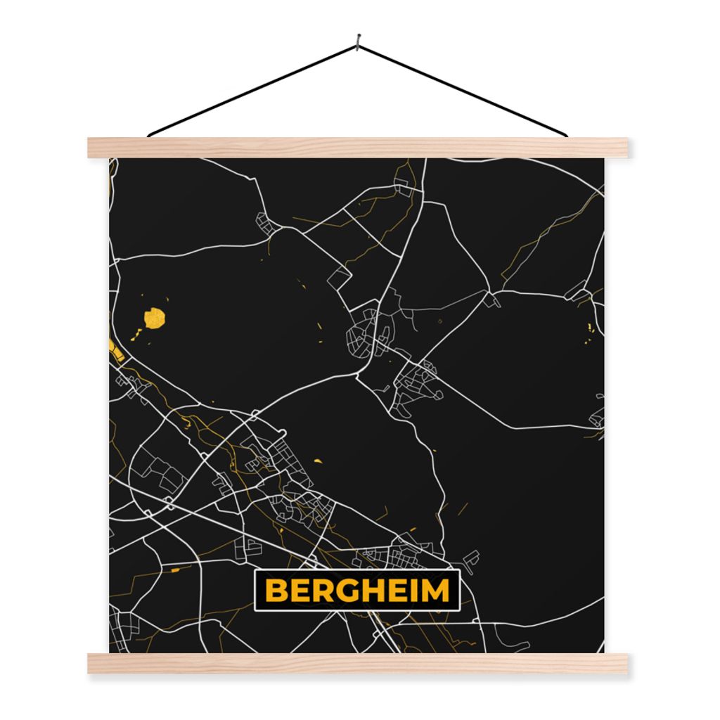 MuchoWow Textilposter Deutschland - Schwarz und Gold - Bergheim - Stadtplan - Karte 60x60 cm mit holzfarbenen Rahmen - Wanddekoration