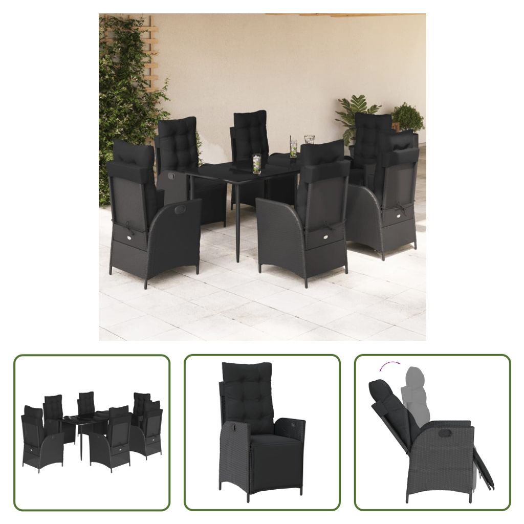 The Living Store 7-tlg. Garten-Essgruppe mit Kissen Schwarz Poly Rattan