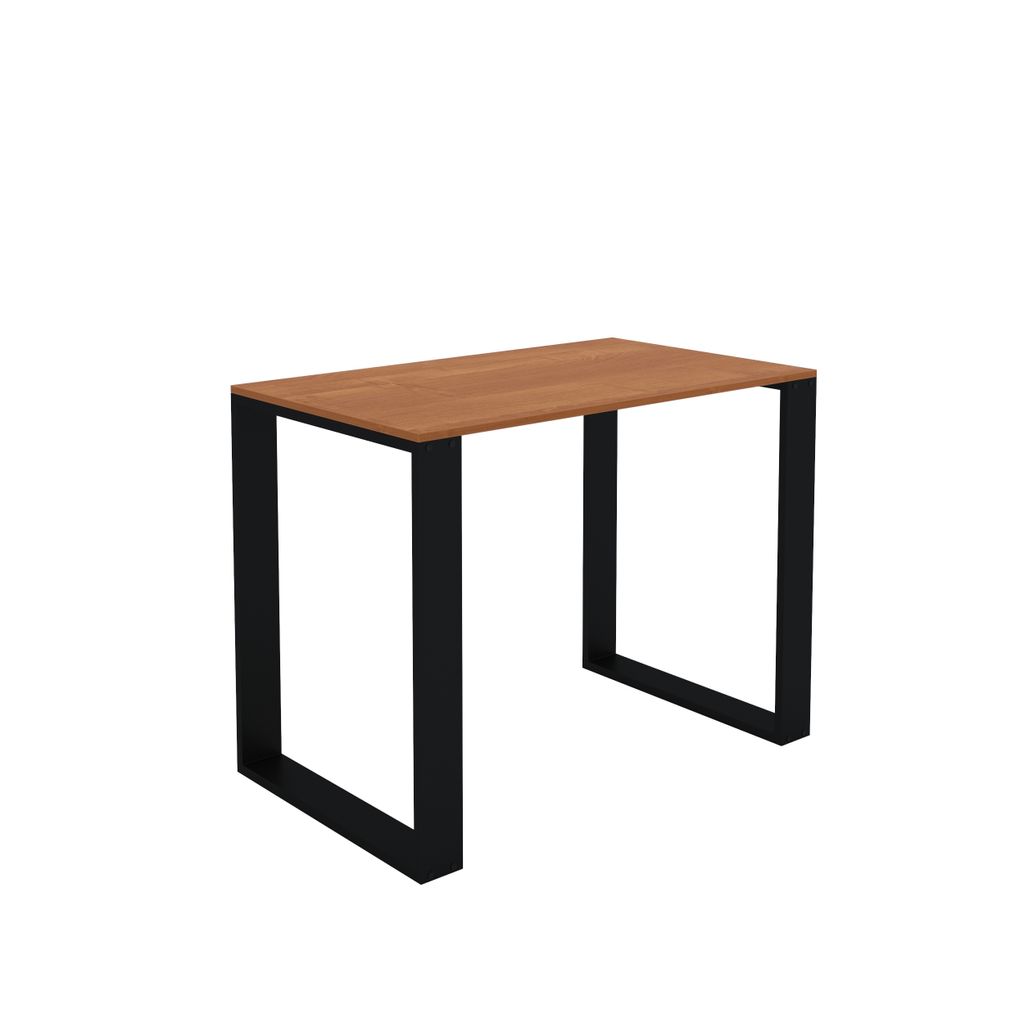 A product shot of a table with a wooden top and black metal legs, isolated on a white background.