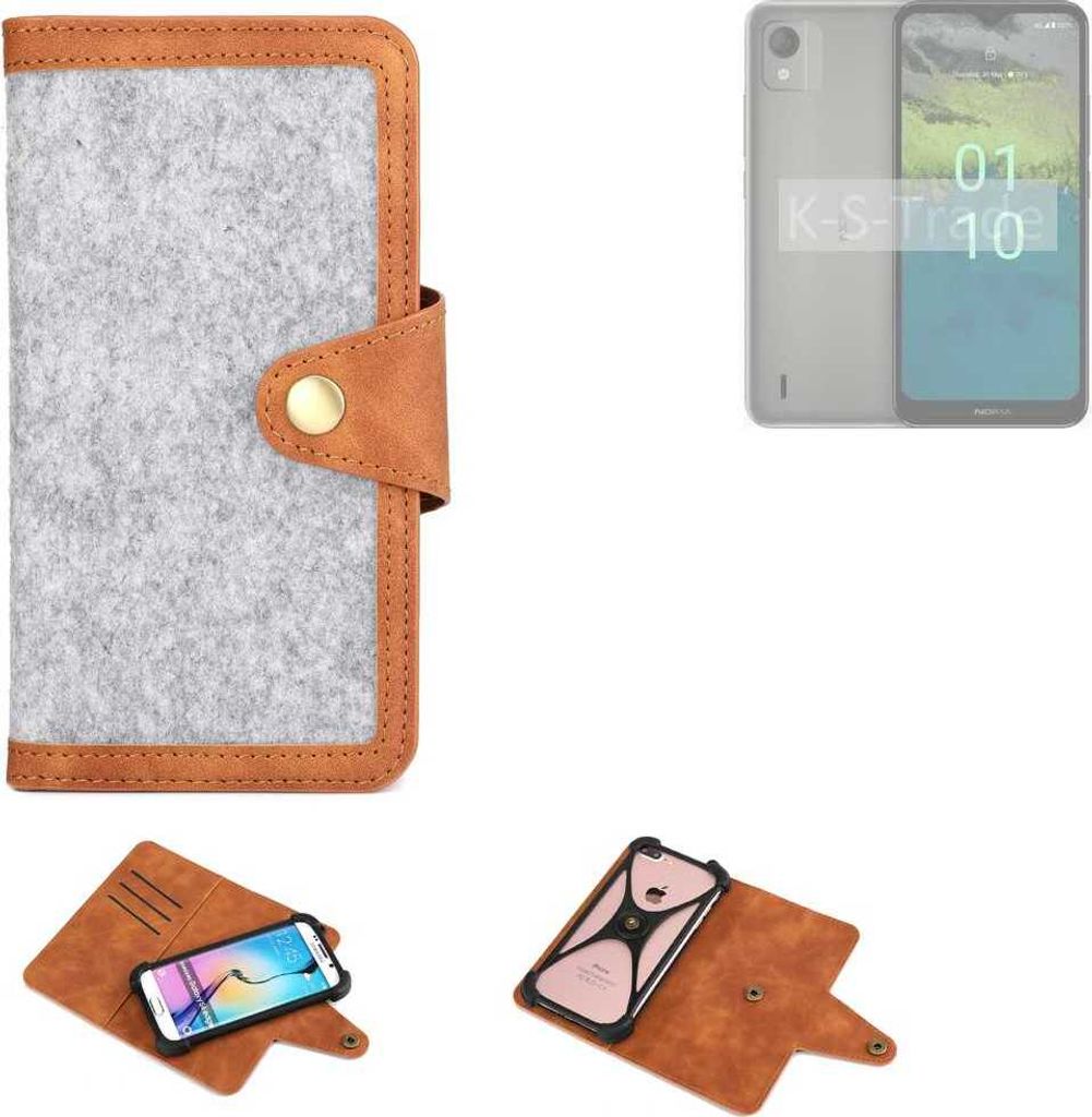 K-S-Trade Handyhülle kompatibel mit Nokia C110 Schutzhülle Filz-Hülle Kunst-Leder hellgrau braun (1x)