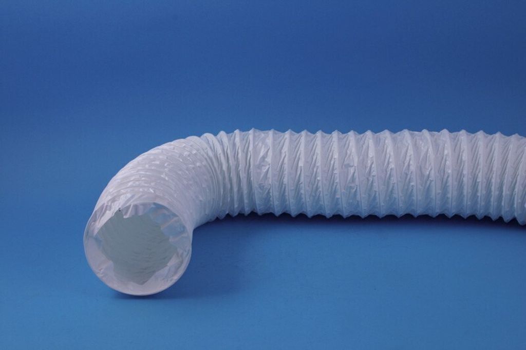 A white flexible hose is shown against a blue background.