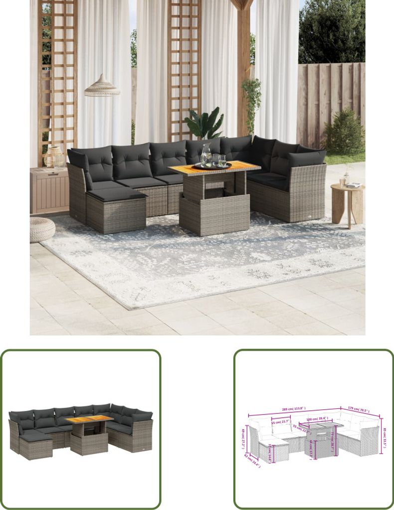 The Living Store 9-tlg. Garten-Sofagarnitur mit Kissen Grau Poly Rattan