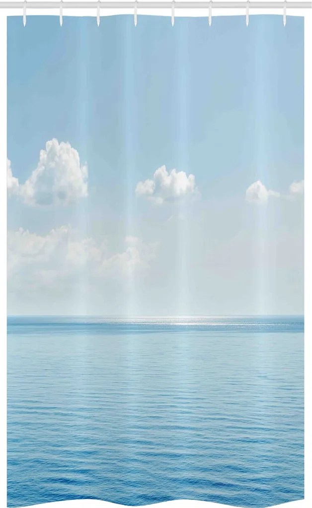 ABAKUHAUS Tenda da doccia stretta blu e bianca, paesaggio tropicale, set decorativo per bagno in tessuto con ganci, 120 x 180 cm, blu e bianco