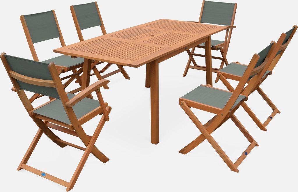 sweeek - Ausziehbarer Gartentisch aus Holz , 6 Stühle - Khaki