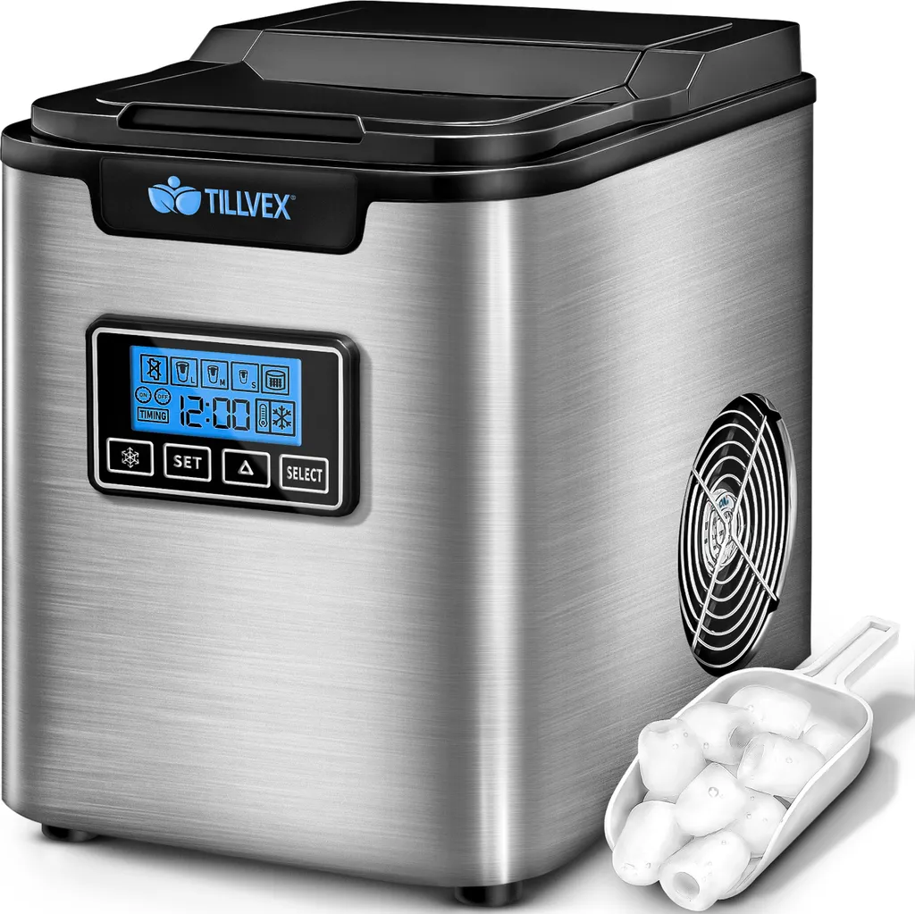 tillvex ice cube maker acciaio inox argento 12 kg - 24 h | ice cube maker con timer e serbatoio dell'acqua da 2,2 litri | ice maker display LCD e funzione autopulente | 3 formati di cubetti di ghiaccio