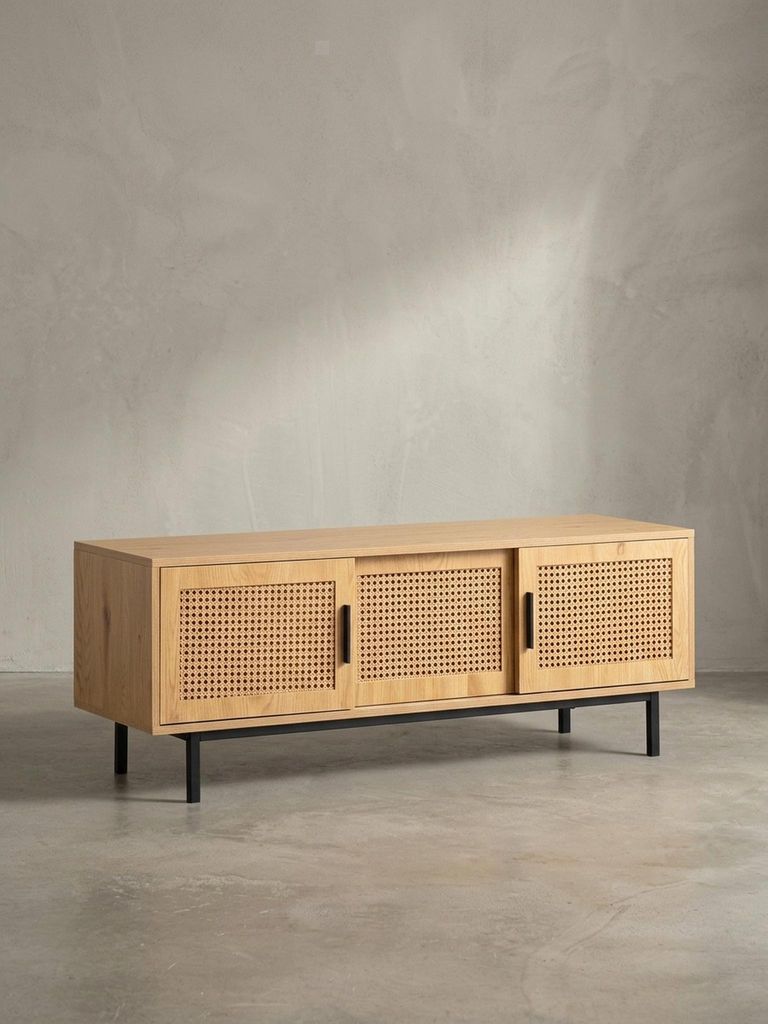 Lowboard Eiche-Nachbildung mit Wiener Geflecht 120x45,5x40 cm TV-Kommode Zeitlos mit Schiebe-Türen, Design TV-Schrank Hoch, Fernsehtisch Fernsehsc...
