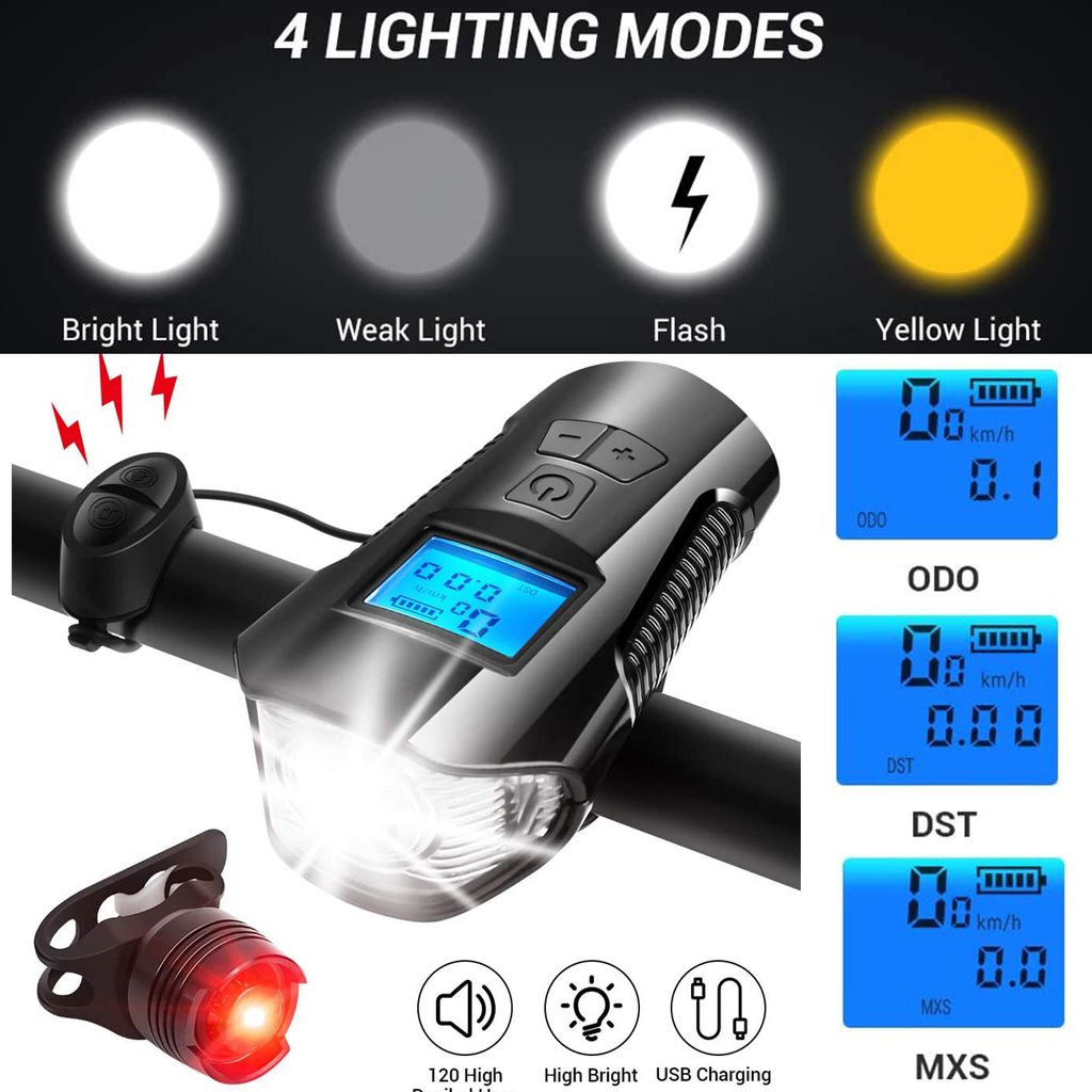 LED Fahrradlampe USB Fahrradbeleuchtung Vorne Lampe Horn Kilometerzähler 