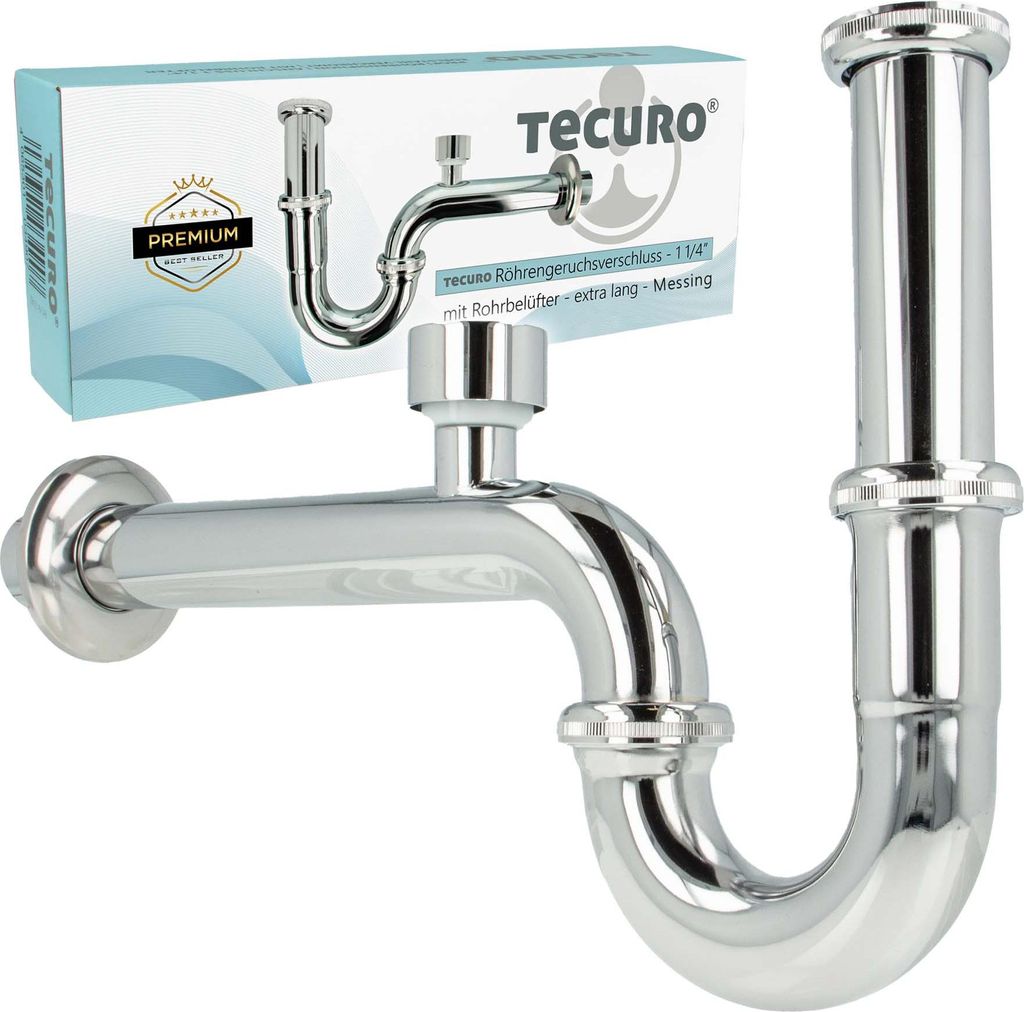 A product shot of a chrome sink siphon with a box in the background.