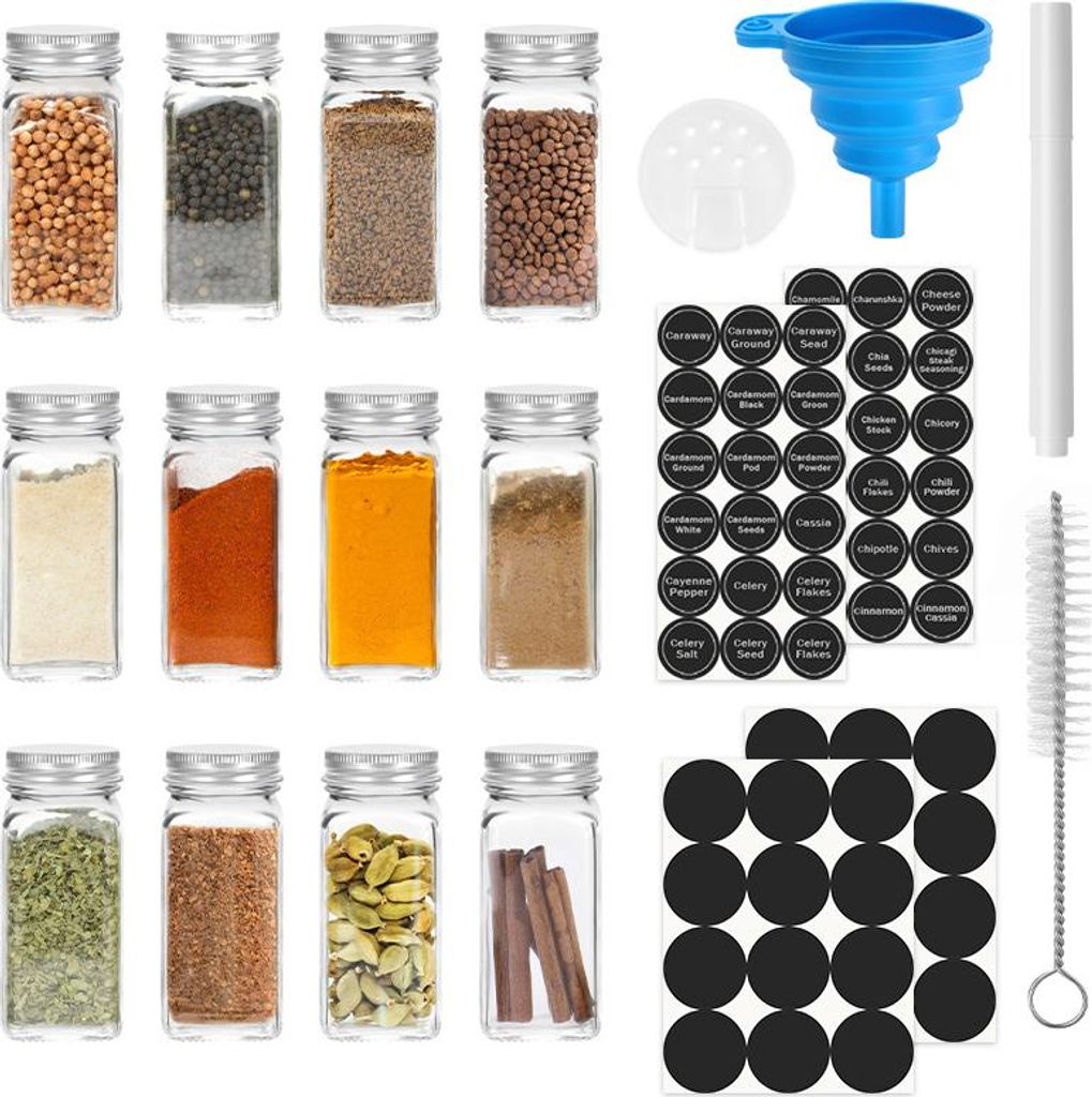 Bettizia Gewürzgläser Eckig 12 Stück 120ml Glas Gewürzdosen mit Streueinsatz, Wasserdicht Etiketten, Trichter, Reinigungsbürste Gewürzbehält...