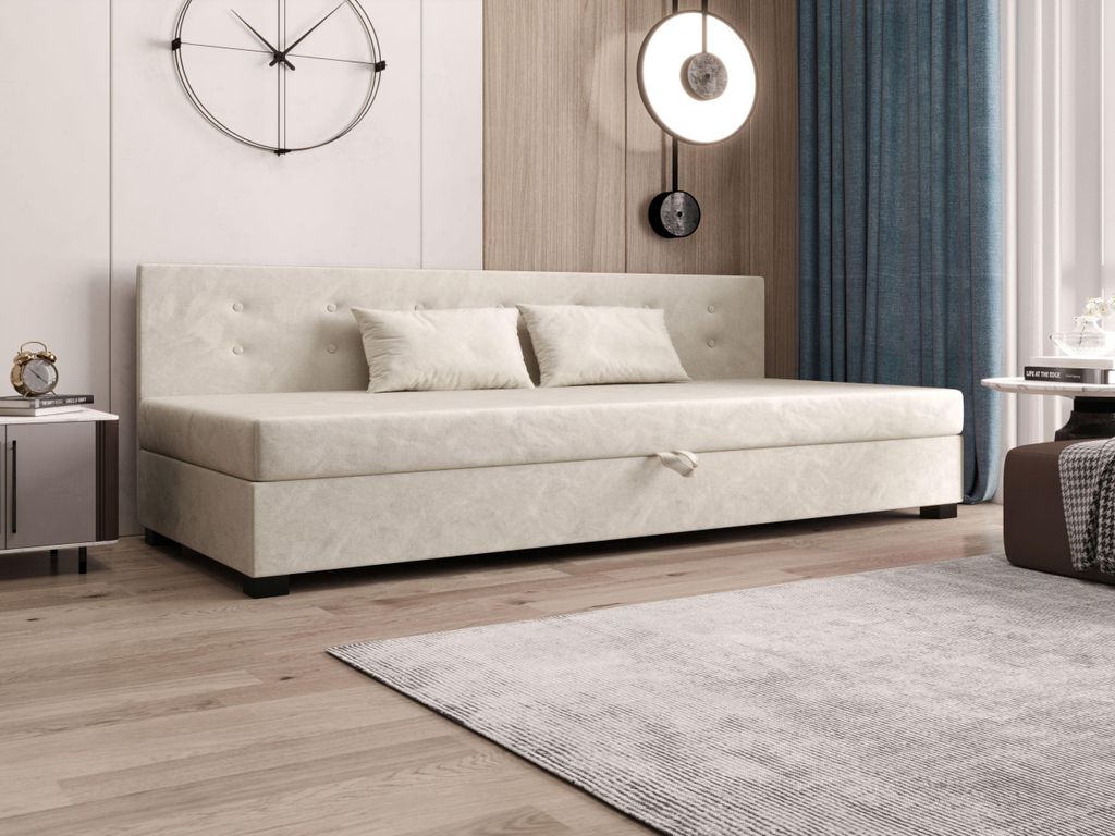 AURA SOFA Boxspringbett OLAF BIZ 100x195 Komplett-Set mit Bonell Matratze, Polsterbett mit Bettkästen - Hellbeige, MONOLITH 02
