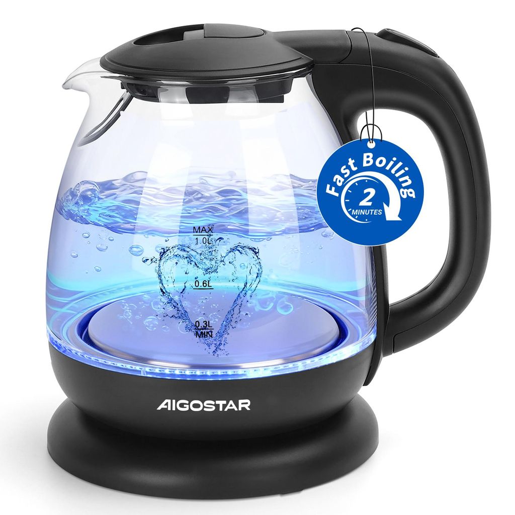 Aigostar - 1L Glas-Wasserkocher: 2200W Mini-Wasserkocher Produktbild 