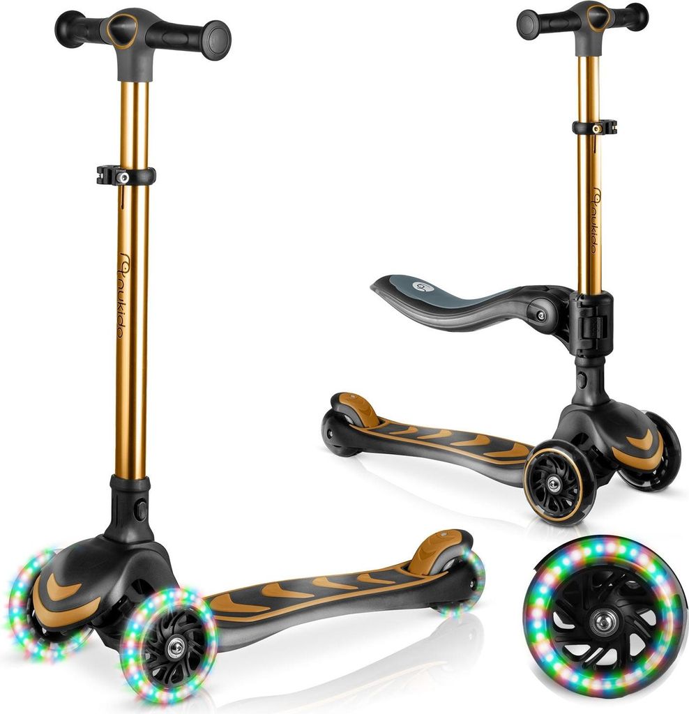 Dreirädriger Kinder-Balance-Scooter mit Sitz, Gold, LED-Räder
