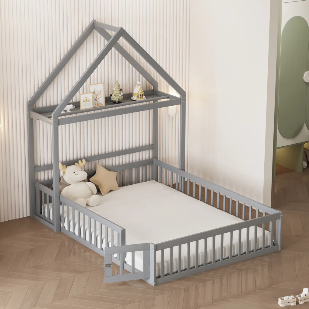 MODFU Lit Enfant 140x200 Gris en Bois Massif avec Barrière de Sécurité